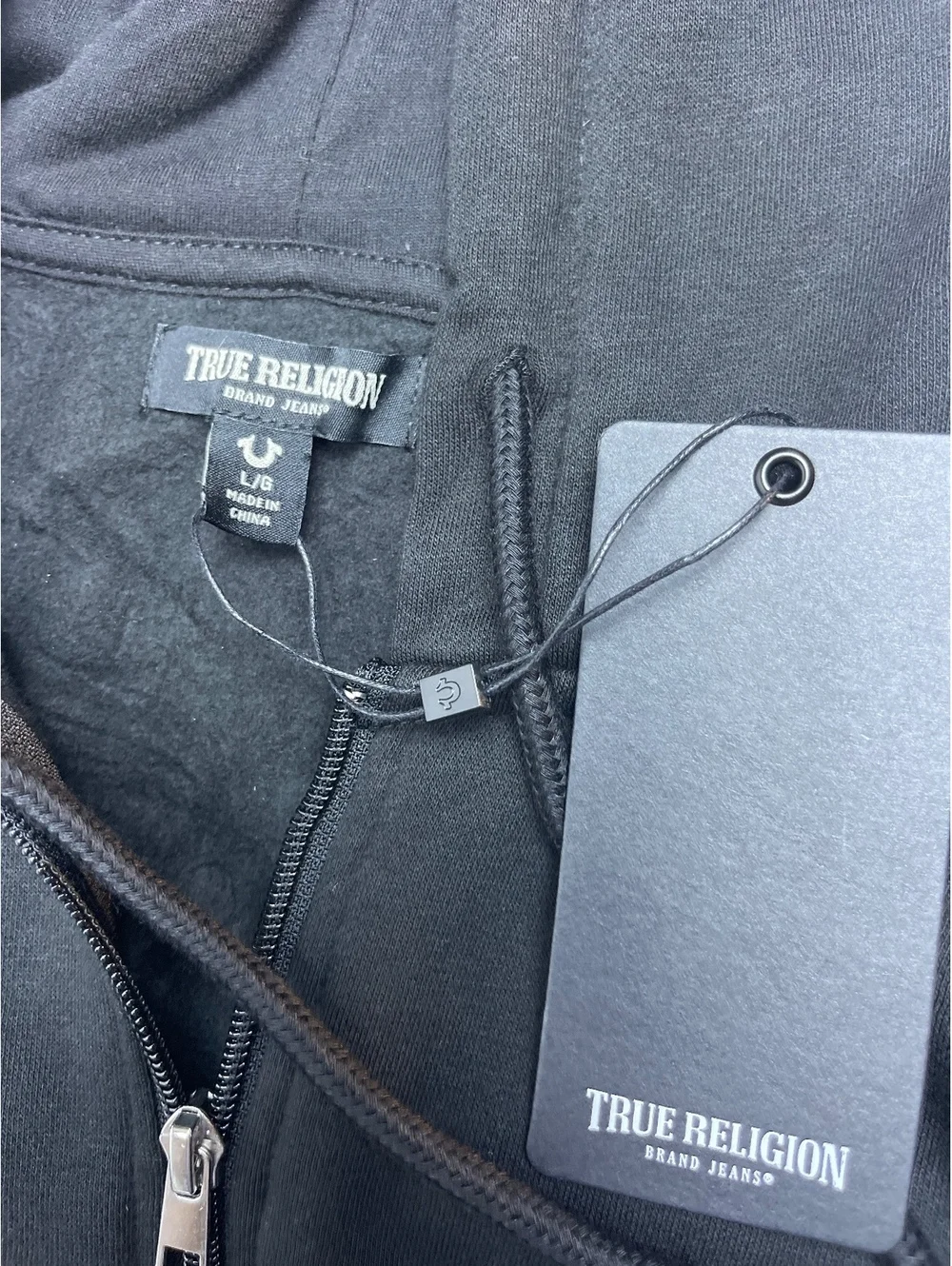 True Religion Black Zip-Up Hoodie with Logo Print